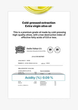 Label of Emilio Vallejo S.A. extra virgin olive oil with analysis details on a white background.
