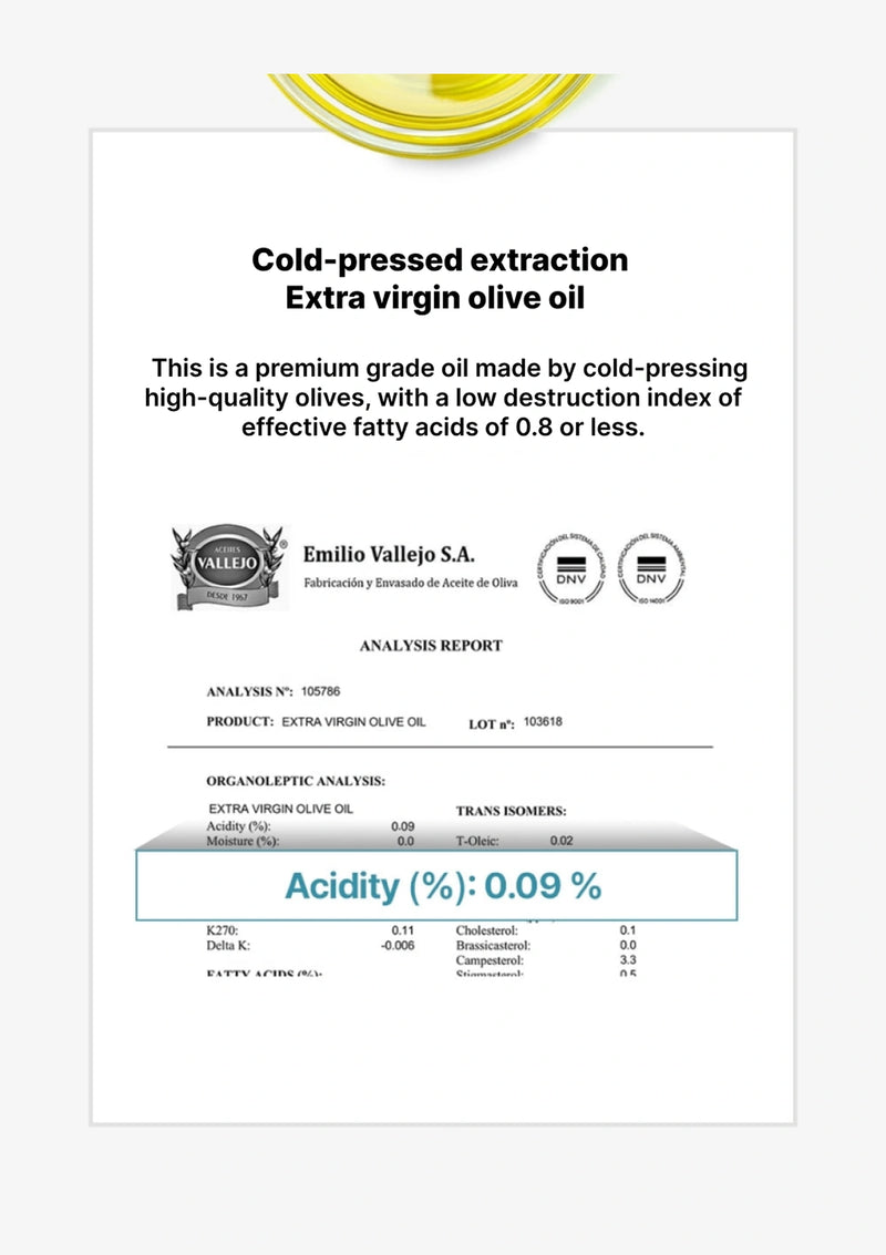 Label of Emilio Vallejo S.A. extra virgin olive oil with analysis details on a white background.
