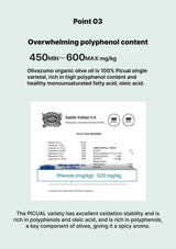 Olivazumo organic olive oil analysis report with polyphenol content details on a light gray background.