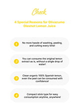 List of reasons for Olivazumo Oleshot Lemon Juice on a white background