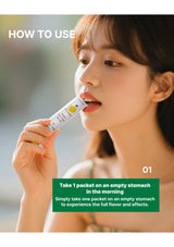 Person using a supplement packet with text on how to use it.