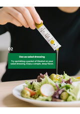 Person pouring a packet of Oleshot into a salad with text on how to use it as salad dressing.
