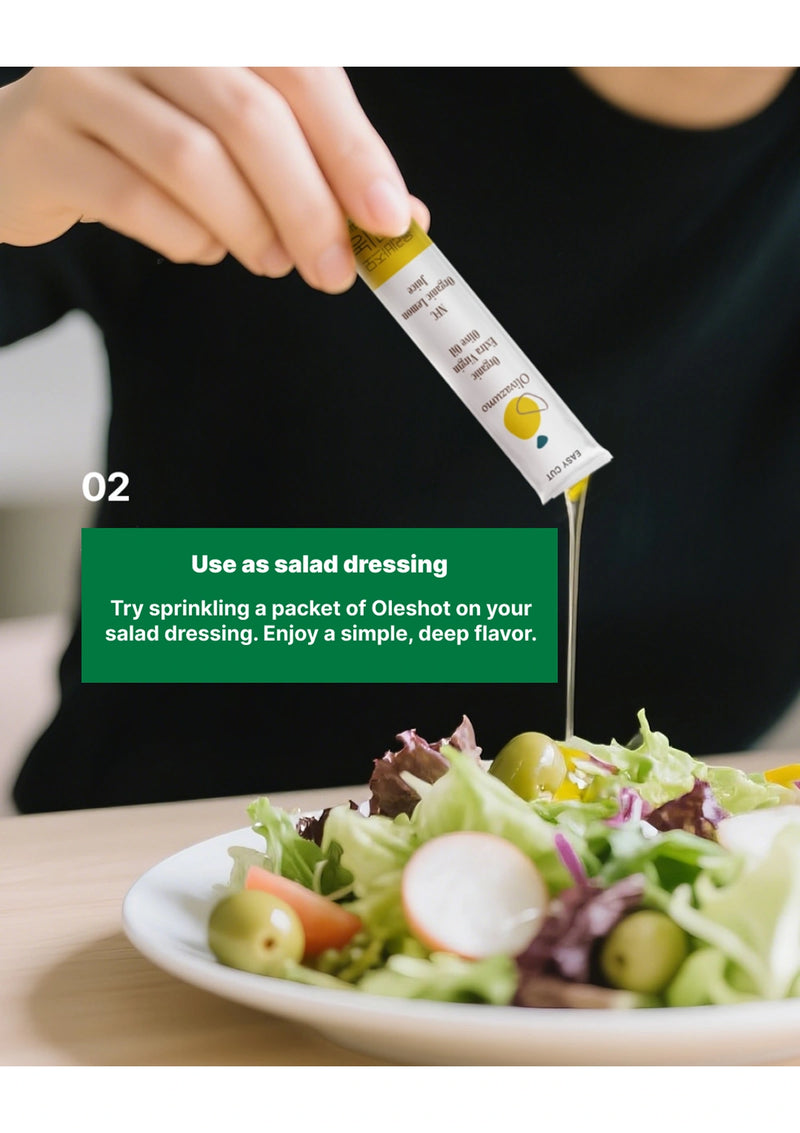 Person pouring a packet of Oleshot into a salad with text on how to use it as salad dressing.