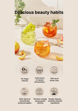 Two glasses of fruit-infused drinks on a table with text about delicious beauty habits.