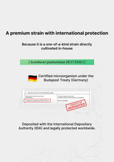 Text on a white background about a premium strain with international protection, featuring German flags and certification logos.