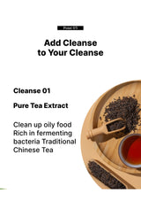 Tea extract with a wooden scoop and text about adding cleanse to your cleanse.