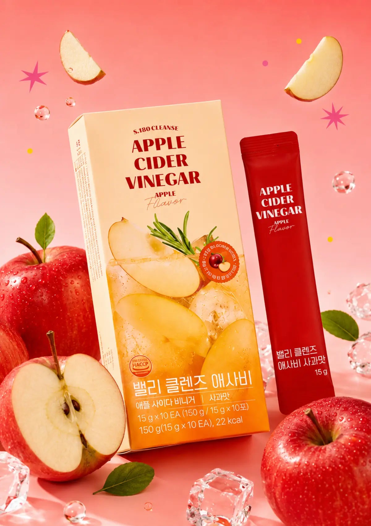 Apple cider vinegar packets with red apples on a beige background