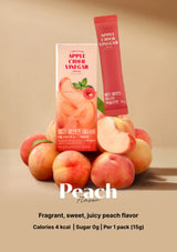 Packaged product with peach flavor on a beige background