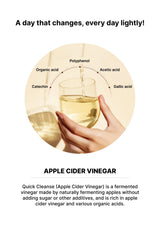 Diagram of apple cider vinegar with a hand holding a glass, labeled with organic acids.