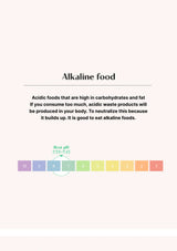 Text explaining alkaline food and its benefits with a pH scale on a white background.