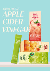 Apple cider vinegar products on a light blue background