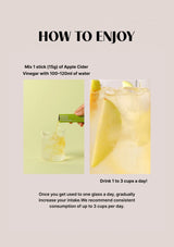 Instructions on how to enjoy apple cider vinegar with water, shown with a stick and glass of liquid.
