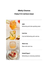 BBelly Cleanse menu with drink and food options on a white background