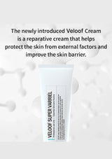 Veloof Cream tube on a textured white background with product description text.