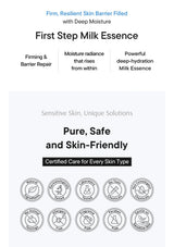 Advertisement for First Step Milk Essence with text and icons on a white background