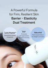 Cosmetic treatment with text highlighting ingredients and benefits on a light gray background