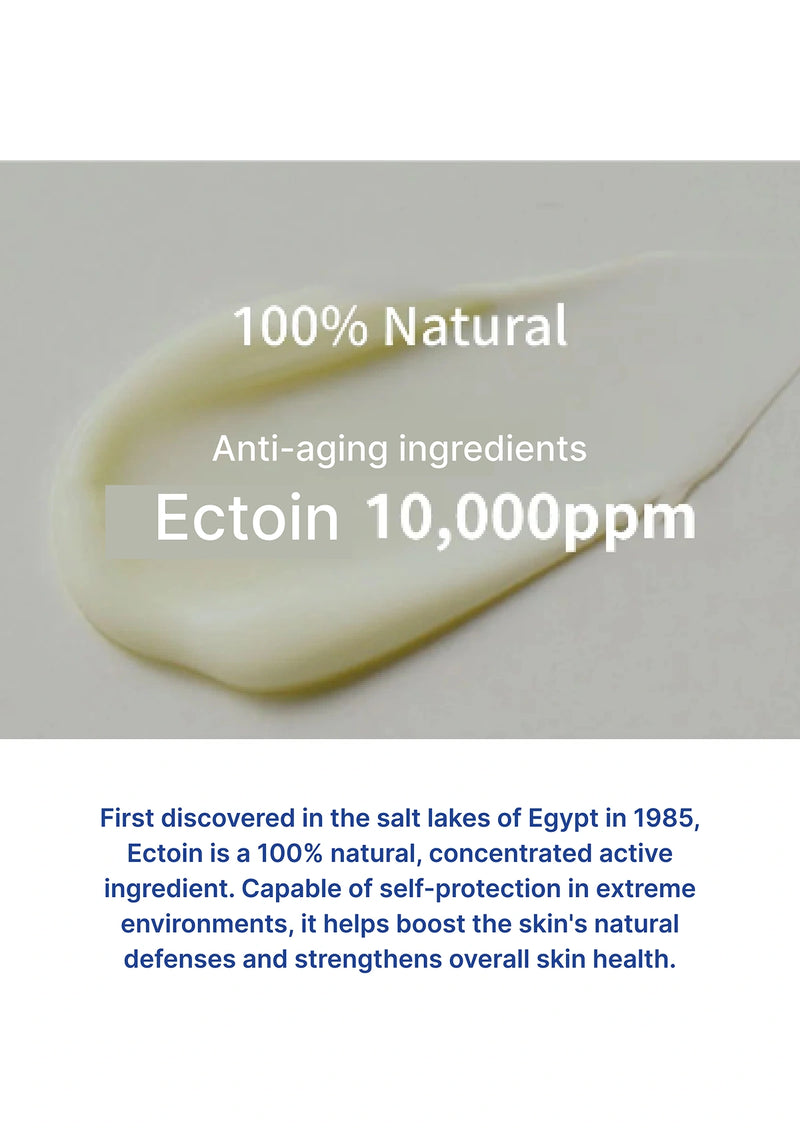 Product with text about 100% natural anti-aging ingredients on a white background