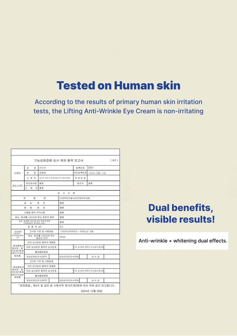 Advertisement for Lifting Anti-Wrinkle Eye Cream with text and a small image of a document on a beige background.