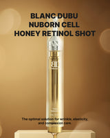 Gold skincare serum bottle labeled 'Blanc Dubu Nuborn Cell Honey Retinol Shot' on a brown background.