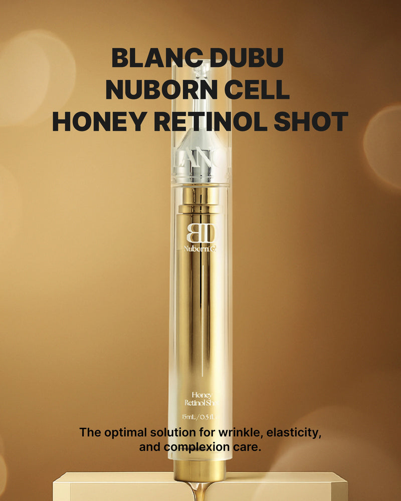 Gold skincare serum bottle labeled 'Blanc Dubu Nuborn Cell Honey Retinol Shot' on a brown background.