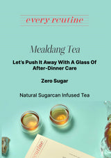 Advertisement for Mealdang Tea with two glasses of tea on a light blue background.