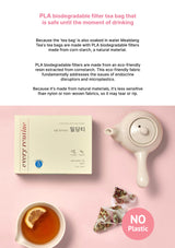 Tea packaging with a teapot and tea bag on a pink background, emphasizing biodegradable filters.