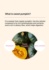Sweet pumpkin with text about its properties on a beige background