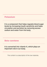 Text describing the functions of potassium and beta-carotene on a light pink background