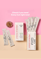 Every Cut product packaging on a pink and beige background with text prompting to check if needed.