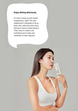 Woman holding a diet supplement with text about enjoying dieting deliciously on a gray background