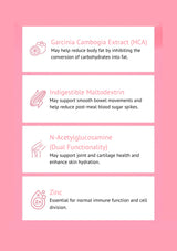 Pink background with white text boxes detailing health benefits of various ingredients.