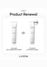 Two bottles of Lagom Collagen Neck Cream with 'Product Renewal' text on a white background.