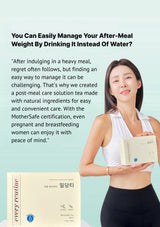 Woman holding a box of tea with promotional text about its benefits on a light blue background