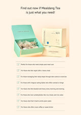 Promotional text about Mealdang Tea with product images on a beige background