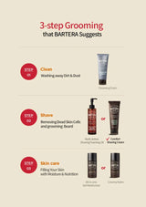 3-step grooming guide by BARTERA with product illustrations on a beige background