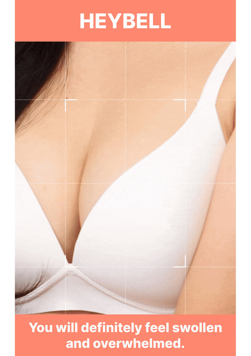 White bra worn by a person with 'HEYBELL' branding and text about swelling.