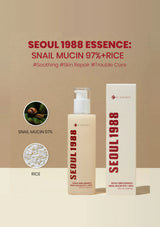 SEOUL 1988 Essence skincare product with snail mucin and rice on a beige background