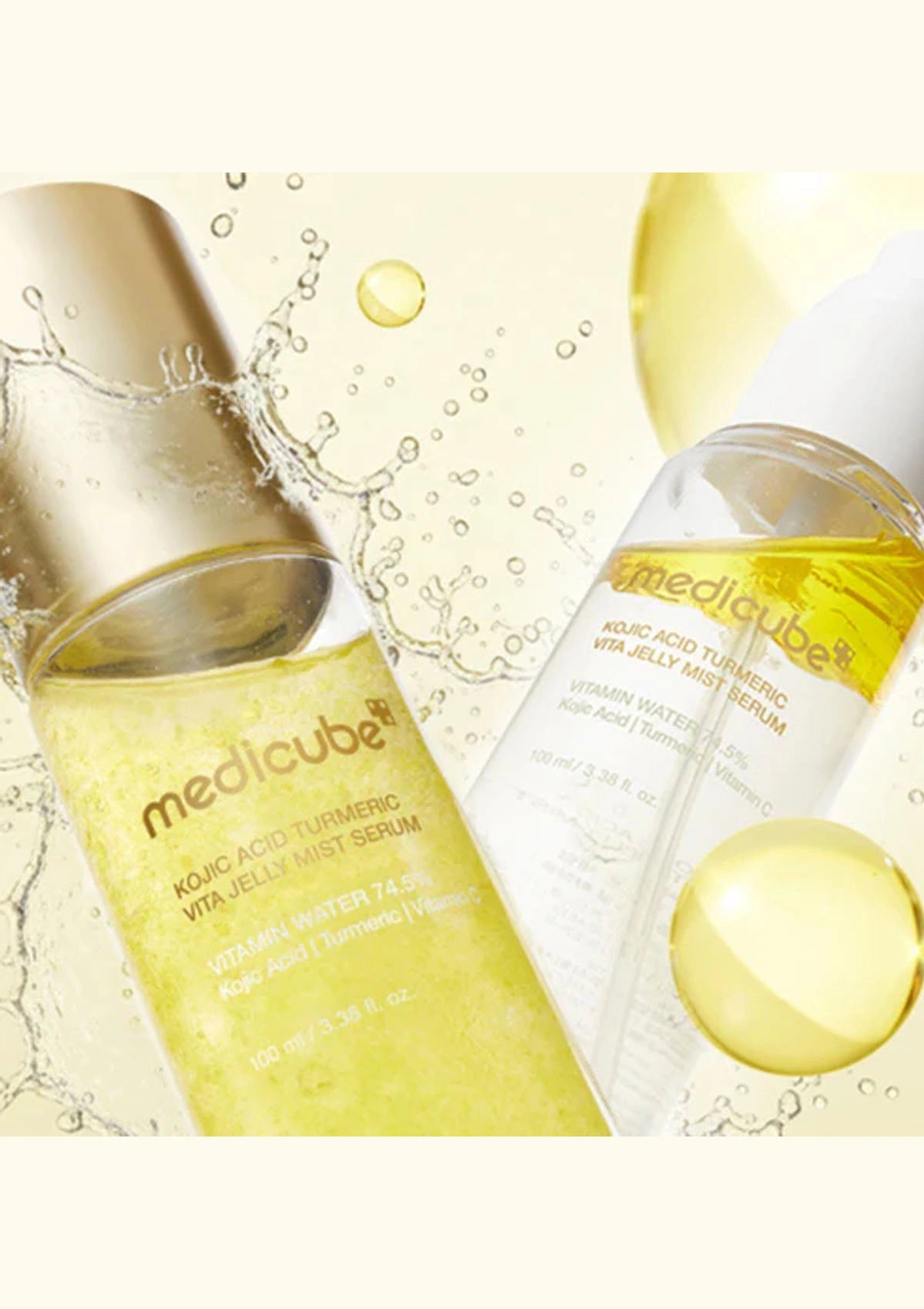 Two skincare products with a yellow liquid on a light background
