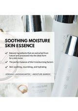 Skincare product with text about soothing moisture skin essence on a white background