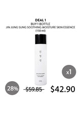 Jin Jung Sung Soothing Moisture Skin Essence bottle with pricing and discount information on a white background.