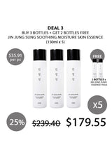 Promotional graphic for Jin Jung Sung Soothing Moisture Skin Essence with pricing and deal details.