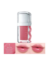 Lip gloss with packaging and color swatch on a white background