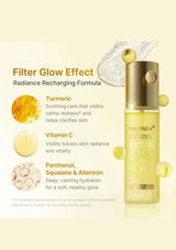Skincare product with ingredients and benefits on a light yellow background