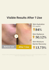 Before and after skin comparison with visible results after one use on a beige background.