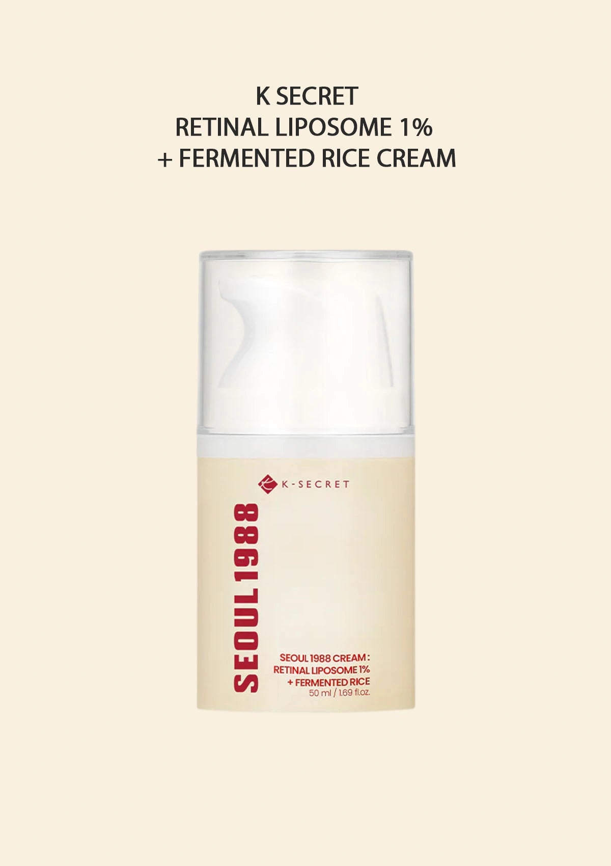 K-Secret Retinal Liposome 1% + Fermented Rice Cream bottle on a beige background