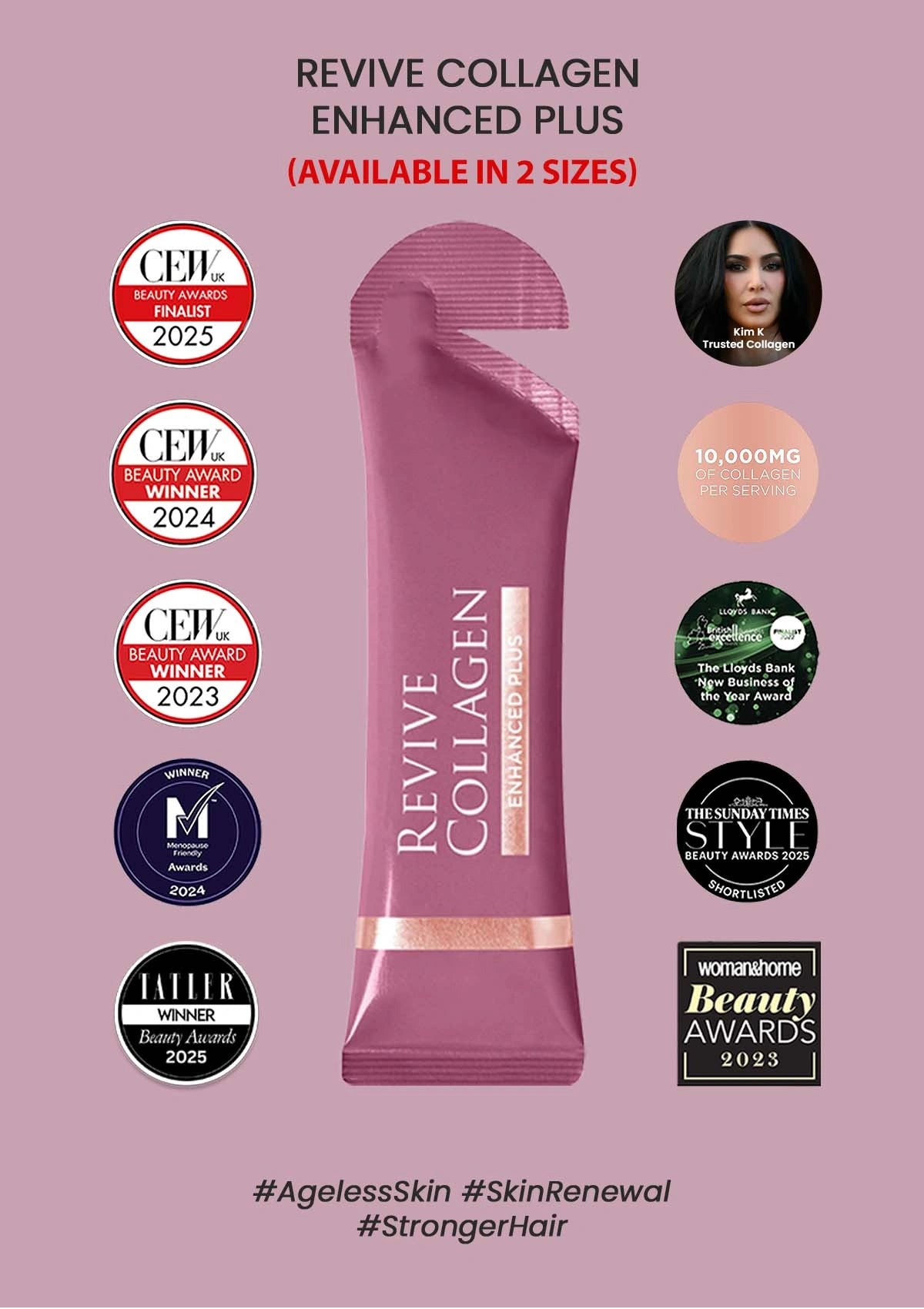 Revive Collagen Enhanced Plus package with awards and product details on a pink background