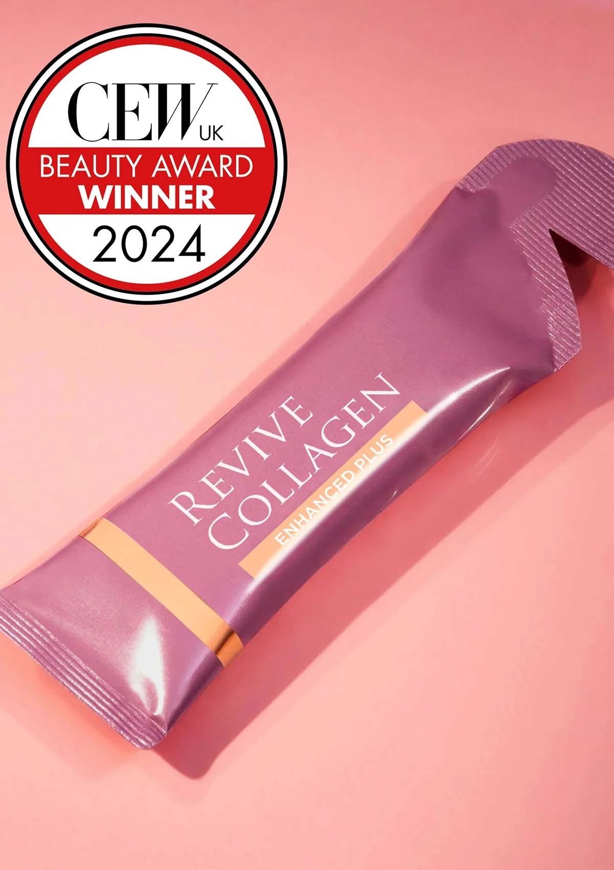 Revive Collagen packaging with CEW UK Beauty Award Winner 2024 badge on a pink background