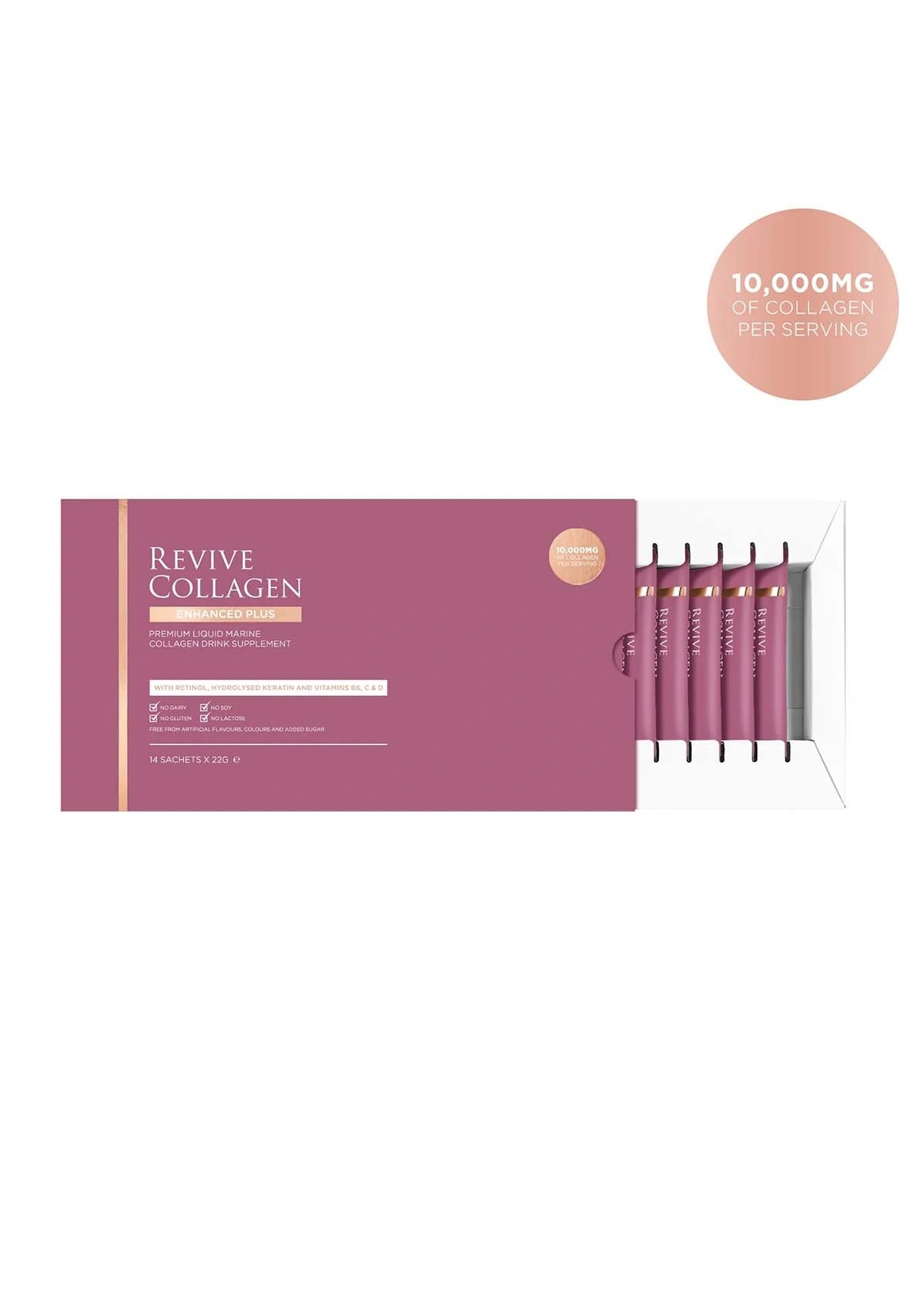 Revive Collagen product packaging with pink boxes and a white background