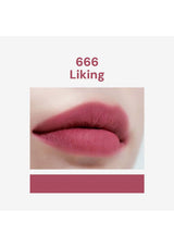 Close-up of a lip with a pink lipstick shade and text '666 Liking' on a white background.