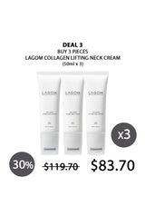 Three tubes of Lagom Collagen Lifting Neck Cream with promotional text on a white background